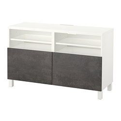 BESTÅ, banco para TV con puertas, Blanco / Kallviken gris claro efecto cemento