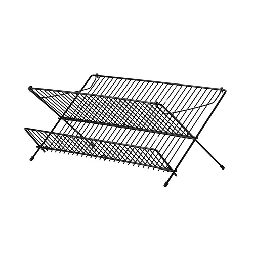 Un escurridor de platos KVOT negro, diseñado con dos niveles para secar platos y vasos, plegable para ahorrar espacio, fabricado en acero con patas de goma.