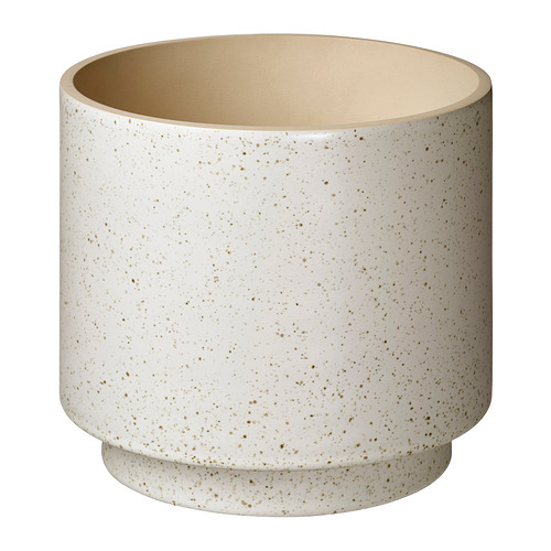Jardinera de cerámica blanca, SANDKÖRSBÄR, con estampado beige moteado, diseño moderno.
