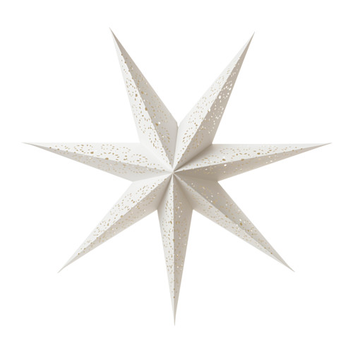 La lámpara blanca en forma de estrella STRÅLA, hecha de cartón, emite una luz cálida.