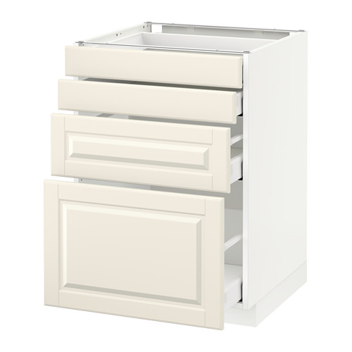 Un mueble de cocina blanco roto con bordes biselados, tres cajones de cierre automático y una puerta, con un diseño clásico.