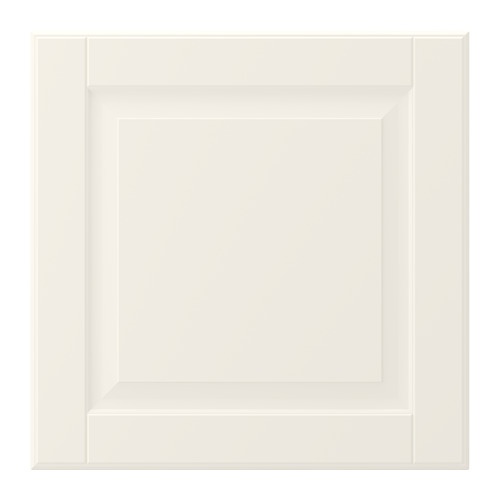 Una puerta de armario BODBYN blanca con bordes biselados y un acabado liso.