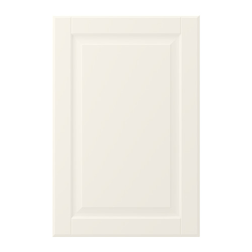 Puerta de armario BODBYN en color blanco roto, de forma rectangular clásica con diseño de panel biselado, fabricada en tablero de fibra con acabado lacado.