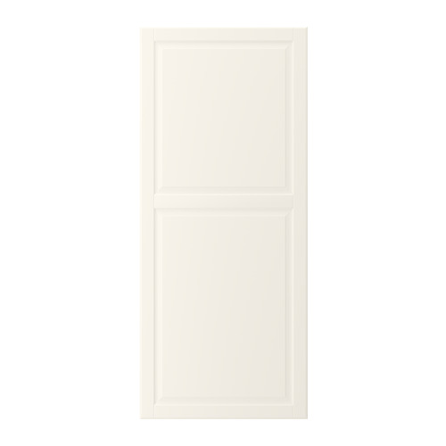 Representa una puerta de armario rectangular blanca con un panel biselado en el centro. Fabricado en tableros de fibra, tiene superficies lacadas lisas y fáciles de limpiar.