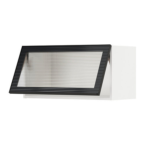 Moderno mueble de cocina METOD negro con puerta de cristal transparente y elegante marco metálico.