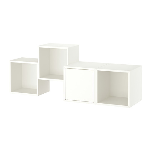 Tres estantes de cubos EKET blancos, diseño moderno y minimalista.