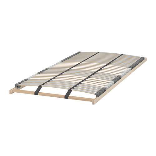 El somier de láminas LÖNSET con soportes de madera y listones curvos para mayor comodidad y circulación de aire.