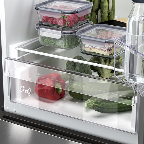 Nevera con contenedores ajustables, almacenamiento de frutas, verduras y pasteles. Led encendido, acero inoxidable.