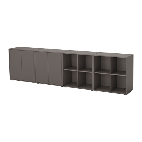 Esta imagen muestra un mueble de almacenamiento EKET de ikea en gris oscuro. Cuenta con estanterías abiertas y armarios cerrados para un almacenamiento flexible.