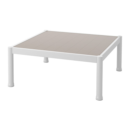 Una mesa de exterior cuadrada SEGERÖN blanca con tablero gris y patas elegantes y redondeadas.