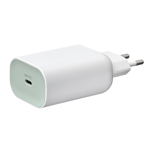 Blanco, cargador usb-c compacto, 65w pd, con enchufe plano.