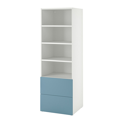 Una librería SMÅSTAD blanca con cajones azules.