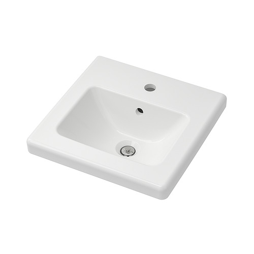 Lavabo de cerámica blanca TVÄLLEN, cuadrado, bordes lisos. Incluye desagüe.