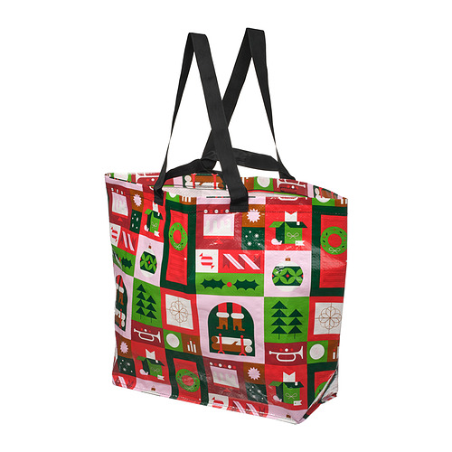 Bolso de mano con temática navideña, rojo-verde-blanco, patrón cuadrado, asas resistentes.