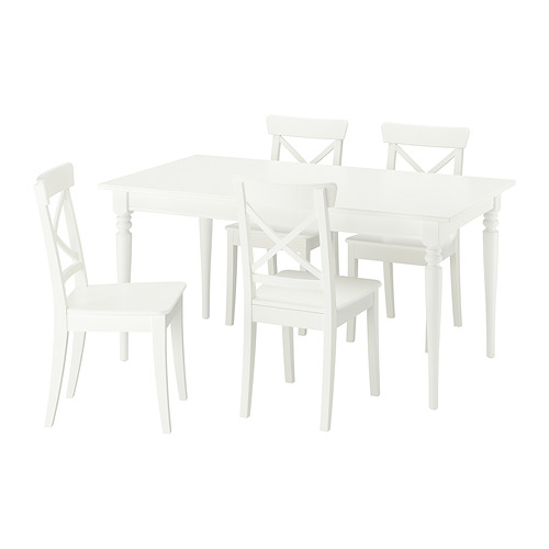 Juego de comedor ROSENTORP: mesa blanca y 4 sillas, madera maciza, extensible.