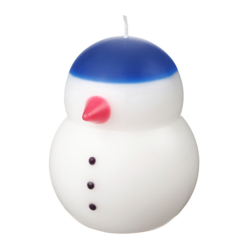 Vela de muñeco de nieve VINTERFINT: blanco, sombrero azul, nariz roja, forma redonda.