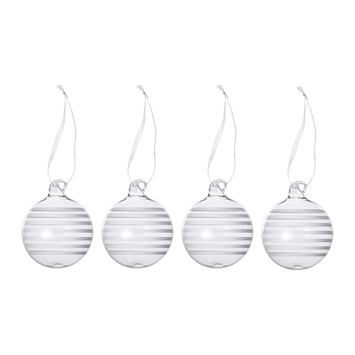 Cuatro adornos navideños de vidrio a rayas blancas de VINTERFINT cuelgan en fila, cada uno con una percha blanca.