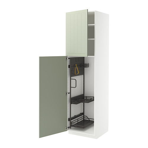 Armarios de cocina METOD con puertas verdes stensund. El armario blanco está abierto, revelando organizadores extraíbles y estantes metálicos.