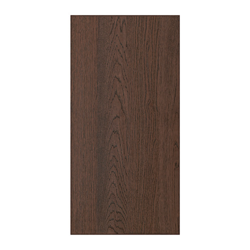 Mueble de cocina en tono madera oscura con chapa de roble y borde de madera maciza, forma rectangular.