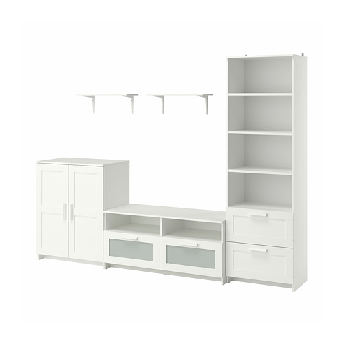 Conjunto de muebles BRIMNES: blanco, madera y vidrio, diseño moderno y limpio, incluye banco de televisión, armarios, estanterías y librería.