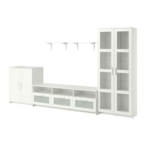 Mueble de almacenaje modular BRIMNES blanco con banco de televisión, armarios, estantes de pared y librería con puerta de cristal. Elegante y moderno con estantes ajustables.