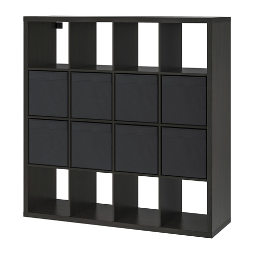 Mueble KALLAX negro: rejilla de 3x3 con mezcla de almacenamiento abierto y cajón, diseño moderno.