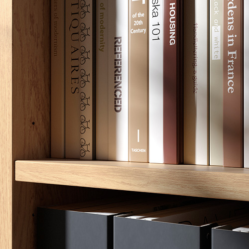 Libros cuidadosamente dispuestos en estantes de madera, que muestran artesanía de alta calidad y protección RFID.