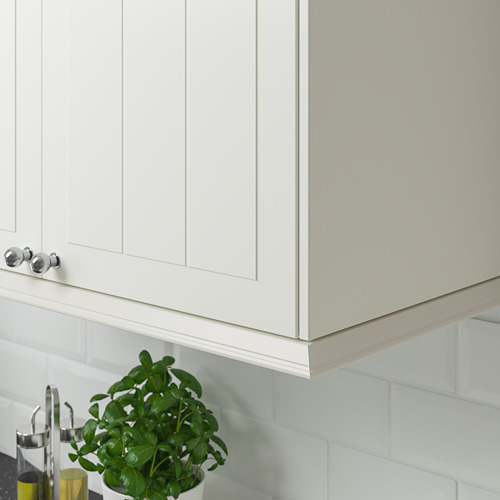 Mueble de cocina blanco con pomos plateados, planta verde, iluminación debajo del gabinete.