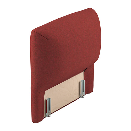 Cabecero tapizado en color rojo, diseño curvo, funda de tela, respaldo de madera, accesorios metálicos.