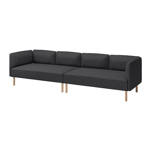 Un sofá modular LILLEHEM gris oscuro con un diseño minimalista. Tiene forma rectangular, patas de madera y una estética limpia y de líneas rectas.