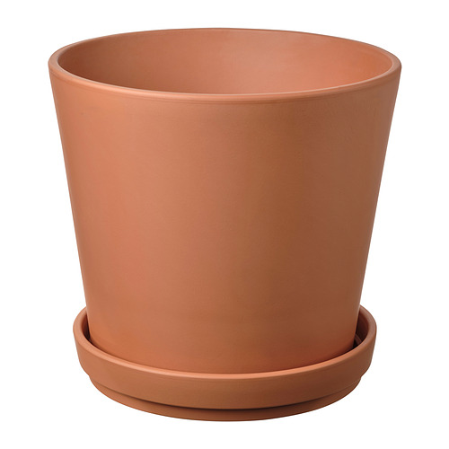 BRUNBÄR, jardinera de terracota con platillo, cilíndrica, arcilla sin esmaltar.