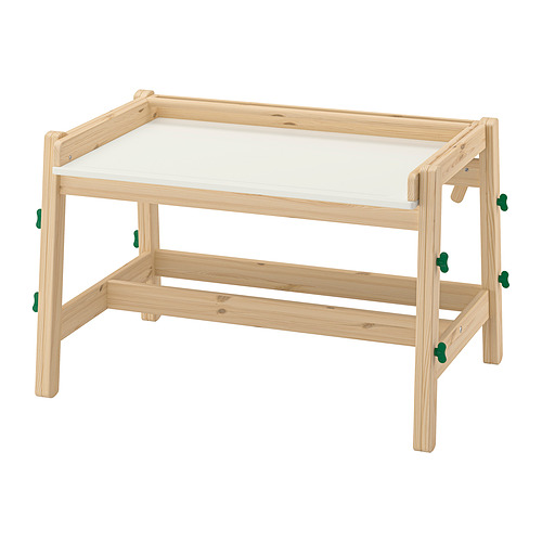 Escritorio para niños FLISAT, madera marrón claro y tapa blanca, soporte ajustable en ángulo.