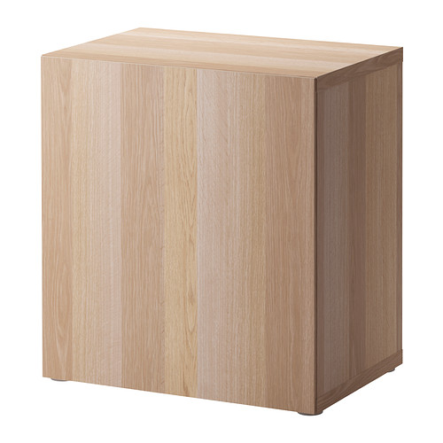 Mueble de almacenaje cuadrado BESTÅ de madera clara con una sola puerta.