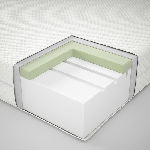 Imagen transversal del colchón que muestra las capas: funda de poliéster, espuma de poliuretano y espuma viscoelástica.