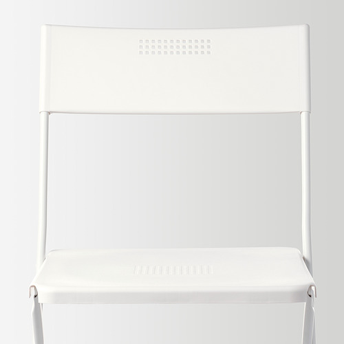 Silla blanca plegable, diseño elegante, estructura de acero robusta, asientos/respaldo de plástico duraderos, ideal para espacios compactos.