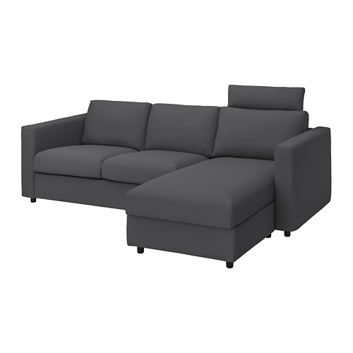 Un moderno sofá modular VIMLE gris con chaise longue, de diseño elegante y tapizado en mezcla de algodón y poliéster.