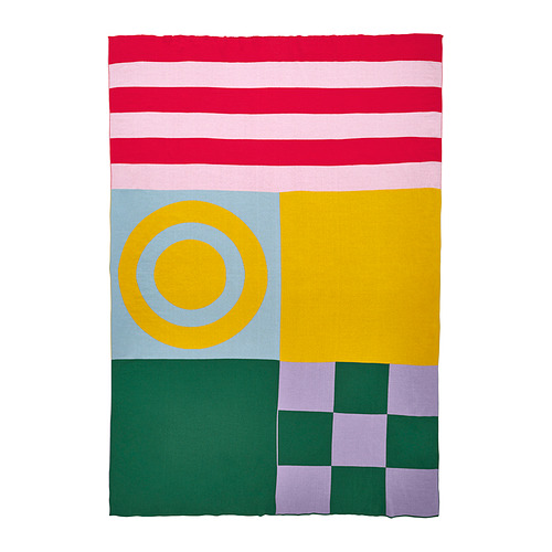 Colorida manta geométrica con rayas y círculos. Patrones amarillos, rosas, verdes y rojos. Material de algodón, forma cuadrada.