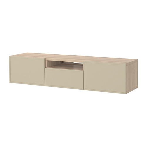 Un banco de tv BESTÅ beige. Tiene un diseño minimalista con cajones para el almacenamiento.