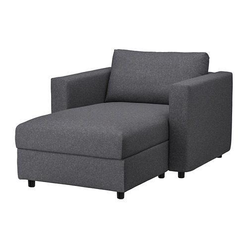 Sofá modular VIMLE gris oscuro, esquinero con almacenaje. Diseño elegante y moderno con robustas patas negras.