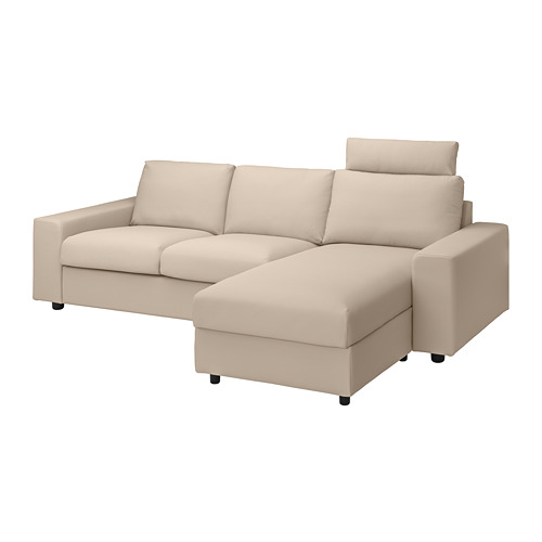 Muestra un sofá VIMLE modular de color beige con chaise longue a la derecha, con un diseño elegante y moderno y tapizado en un tejido beige.