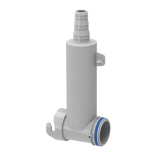 Un conector trampa de agua de plástico gris LILLVIKEN, con cuerpo cilíndrico, y dos ganchos para el montaje.