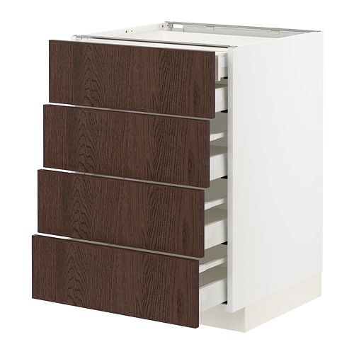 Un mueble de cocina METOD blanco con cuatro cajones de madera marrón oscuro. La unidad es moderna, elegante y tiene un marco robusto con cajones de funcionamiento suave.
