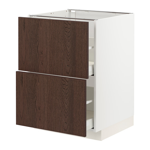 Cajonera de madera marrón oscuro, marco blanco. Dos grandes cajones, diseño de cocina moderna.
