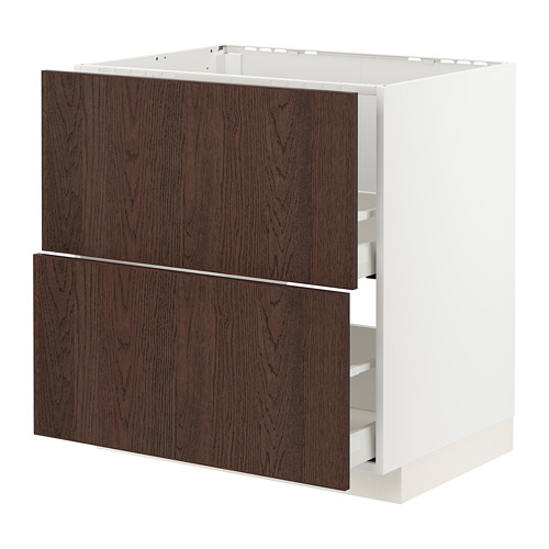 Mueble de cocina METOD de Ikea, marco blanco, cajones de madera marrón oscuro, forma cuadrada.