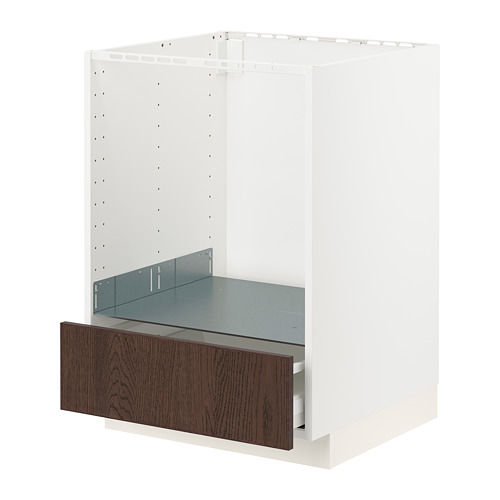 Mueble de cocina METOD: estructura blanca, frente de cajón de roble marrón oscuro, estante metálico.