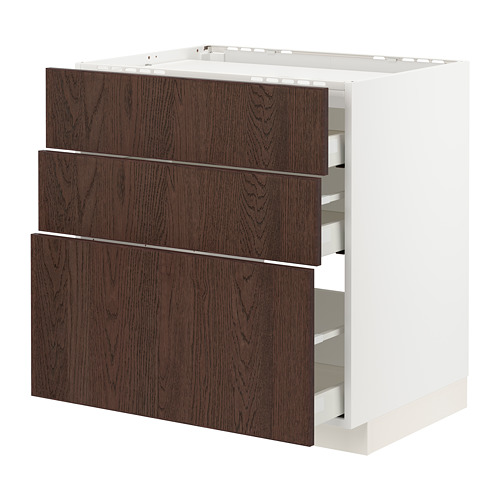 Mueble METOD blanco con cajones sinarp marrón oscuro.