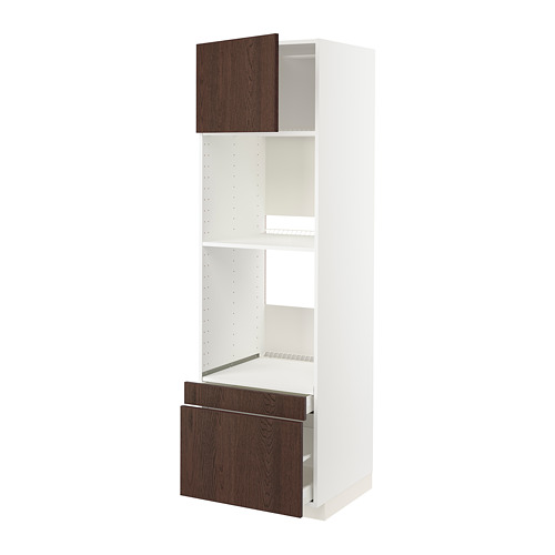 Un mueble de cocina METOD blanco con cajones y estante de sinarp marrón oscuro, con estantes ajustables y una garantía de 25 años.