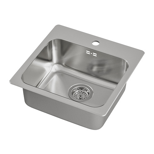 Fregadero de cocina de acero inoxidable de ikea, forma cuadrada, un solo seno con área de drenaje, color plateado brillante y diseño moderno.