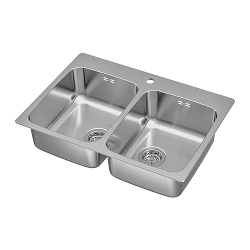 Fregadero de acero inoxidable de doble lavabo, diseño moderno, tazones profundos, material duradero.