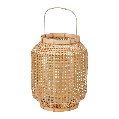 Linterna PÅVEFINK, marrón claro. Bambú tejido con mango, forma cilíndrica, diseño intrincado.